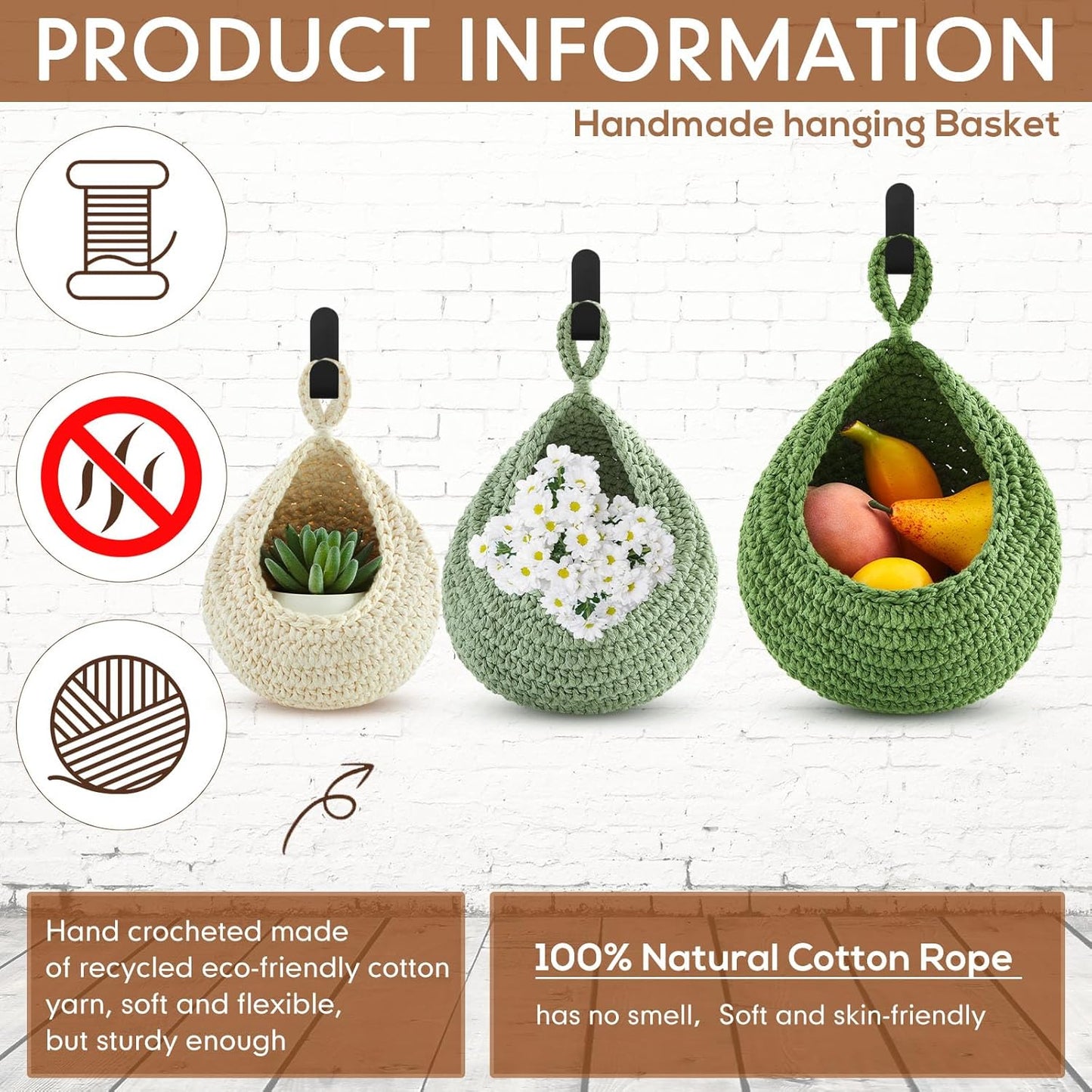 Honeydak Boho Decor Hanging Wall Baskets for Kitchen 3 Pack Teardrop Baskets with Hooks Storage Fruit Onion Vegetable Potato for Home 3 Sizes(Linen,Teardrop,Jute)