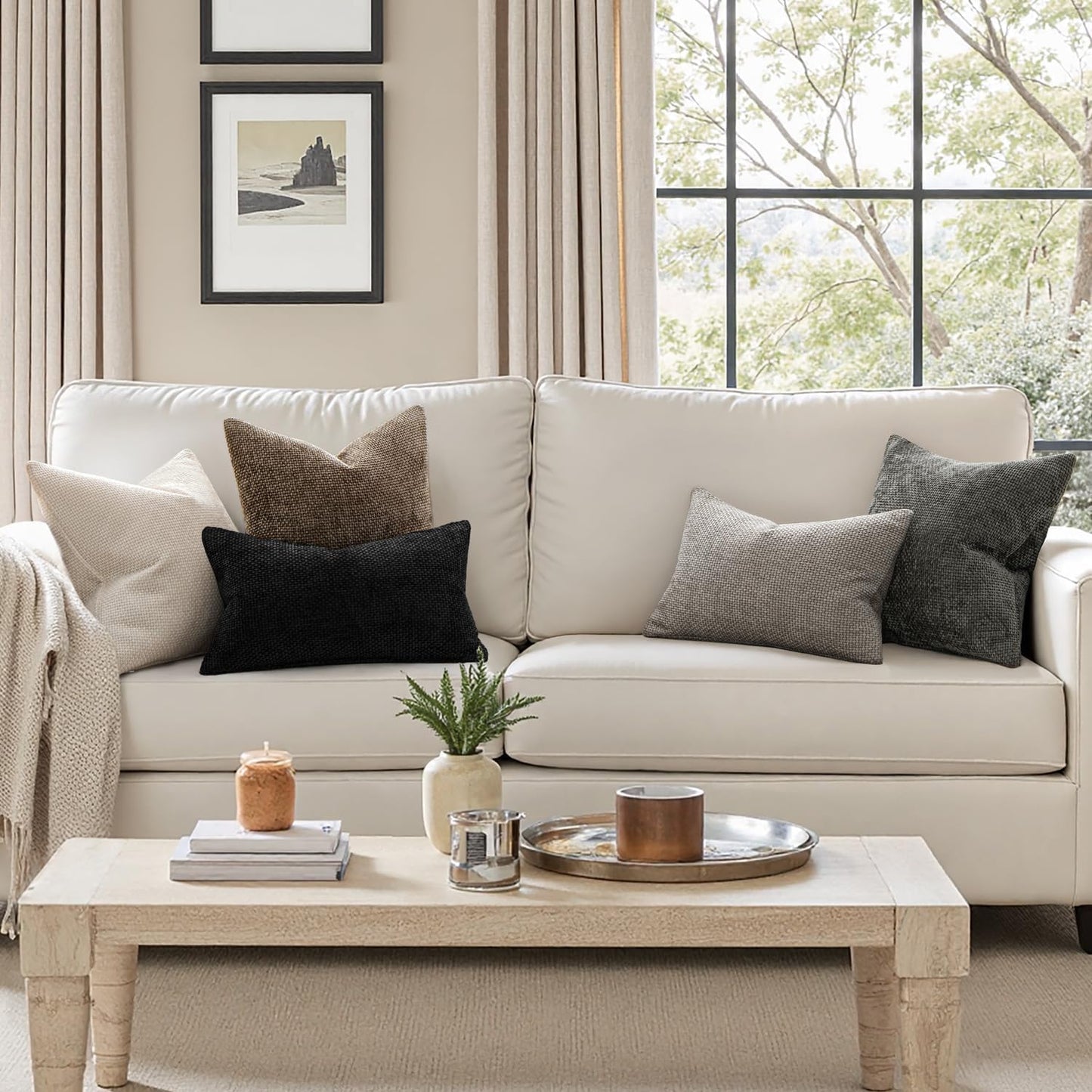 MIULEE Pack of 2 Couch Throw Pillow Covers 18x18 Inch Neutral Beige Modern Boho Accent Decorative Pillow Covers Soft Chenille Farmhouse Cushion Covers for Home Decor Bed Sofa Living Room