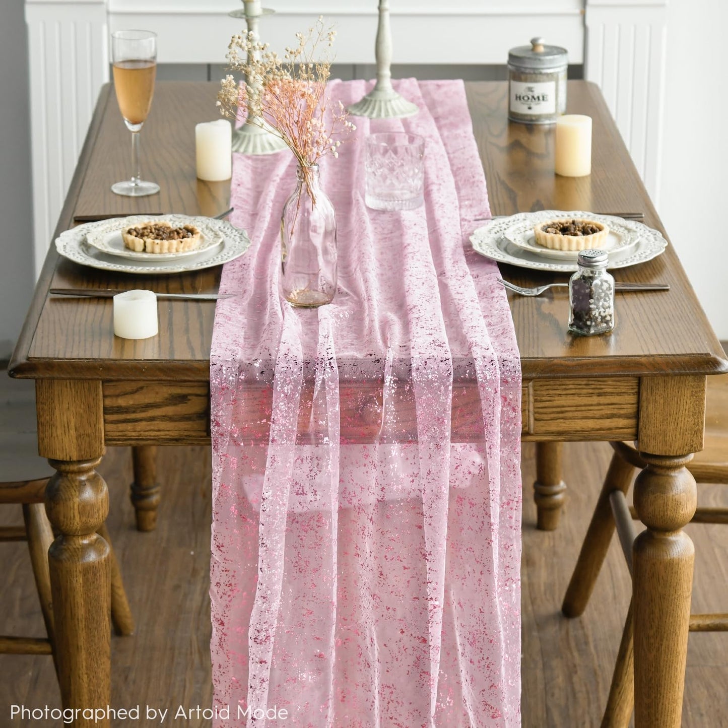 Artoid Mode Beige Gold Gauze Table Runner 120 Inch 10FT, Glitter Metallic Foil Sheer Dining Wedding Anniversary Holiday Birthday Table Decor for Home Party