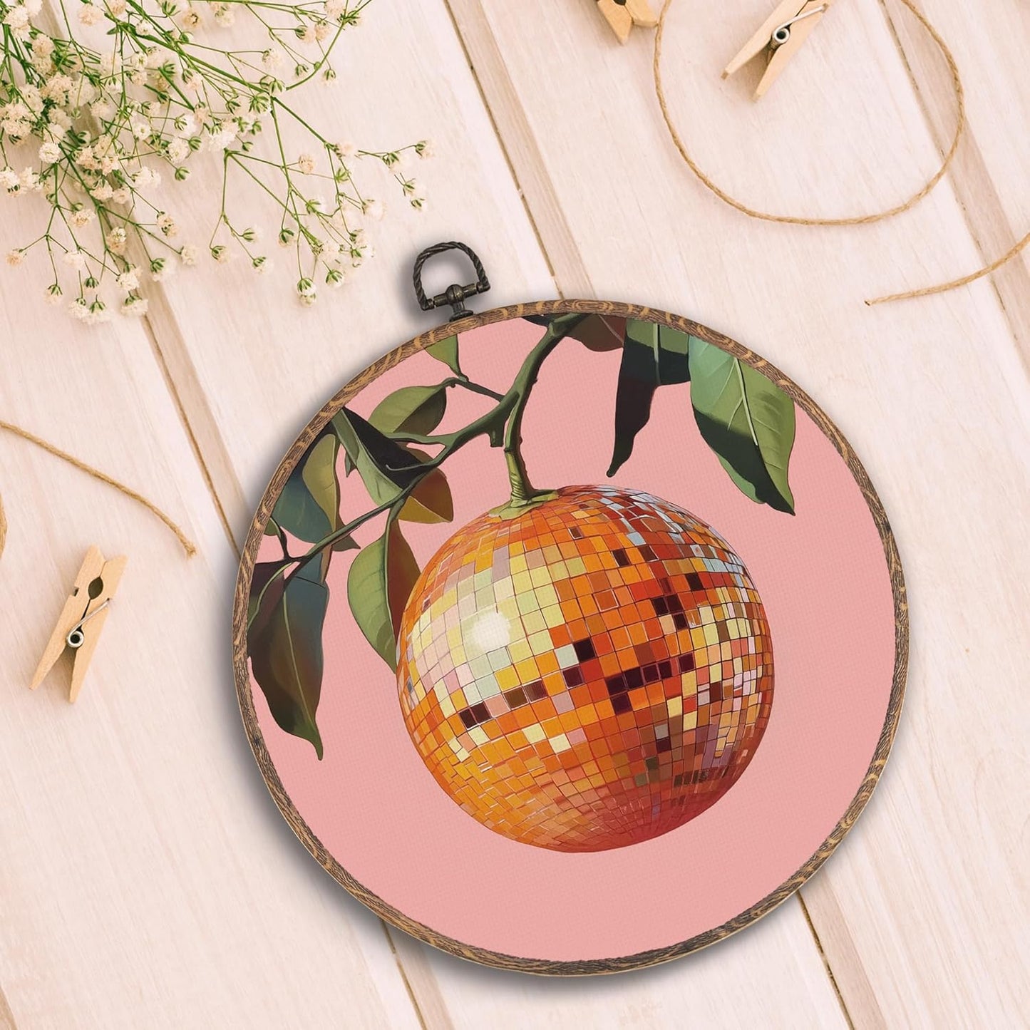 Trendy Funky Orange Disco Ball Oval Wall Art Framed, Funky Retro Oval Wall Decor, Trendy Aesthetic Hanging Canvas Prints Wall Sculptures for Home Living Room Bedroom Decor, 8.5x11.5 Inch