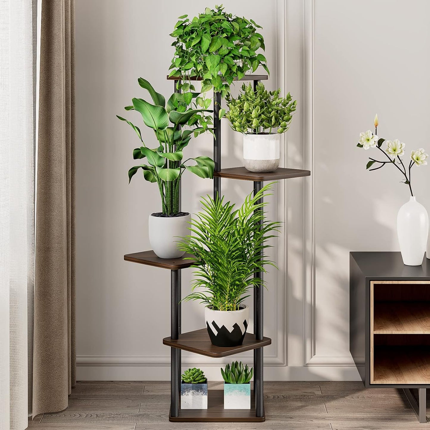 AZERPIAN Plant Stand 5 Tier Indoor Metal Flower Shelf for Multiple Plants Corner Tall Flower Holders for Patio Garden Living Room Balcony Bedroom, Black (5 Tier-Black)