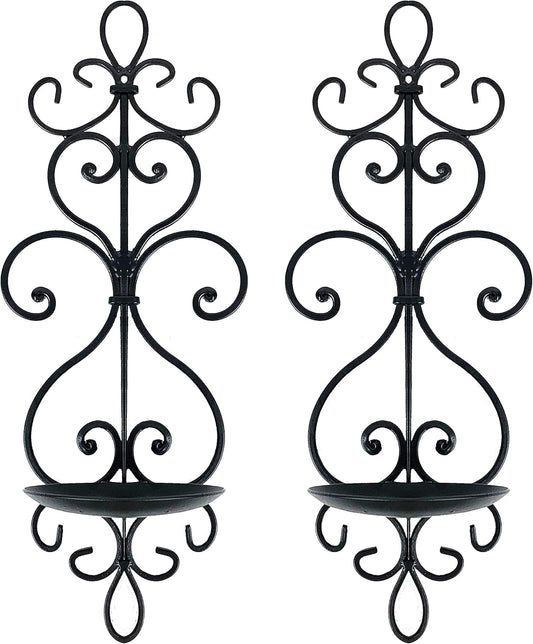 Metal Wall Candle Sconce Holder Set of 2 Hanging Wall Mounted Candle Sconces Holder, Wall Sconces Decor for Bedroom Dining Room, Black 10inch×6inch