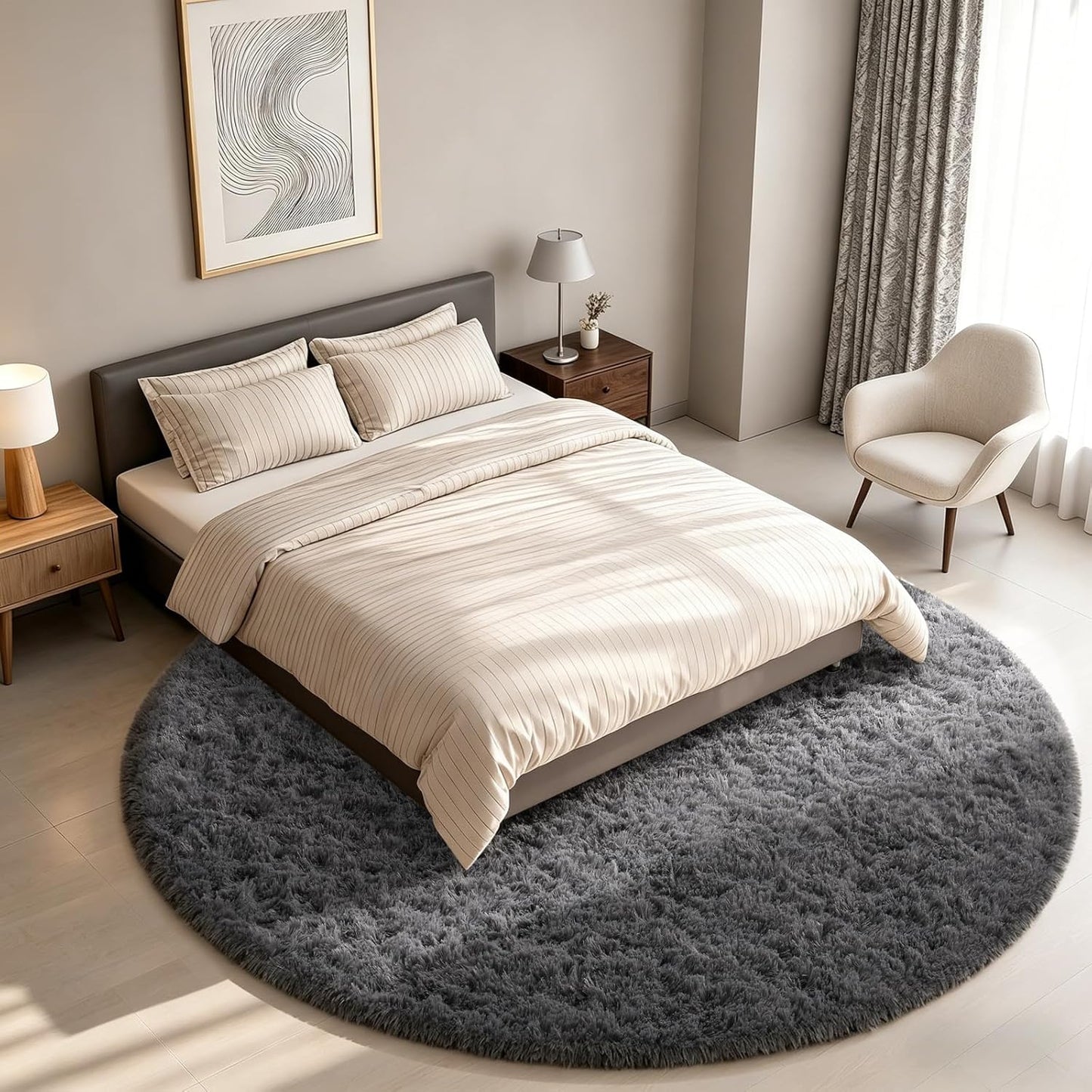 Ophanie Round Rugs 5Ft Ivory Circle Area Rug, Nursery Room Decor, Christmas Aesthetic Bedroom Home Circular Carpet 5 Foot, Fluffy Fuzzy Shag Plush Cream Living Room Rugs for Kids Boys Girls Teen Baby
