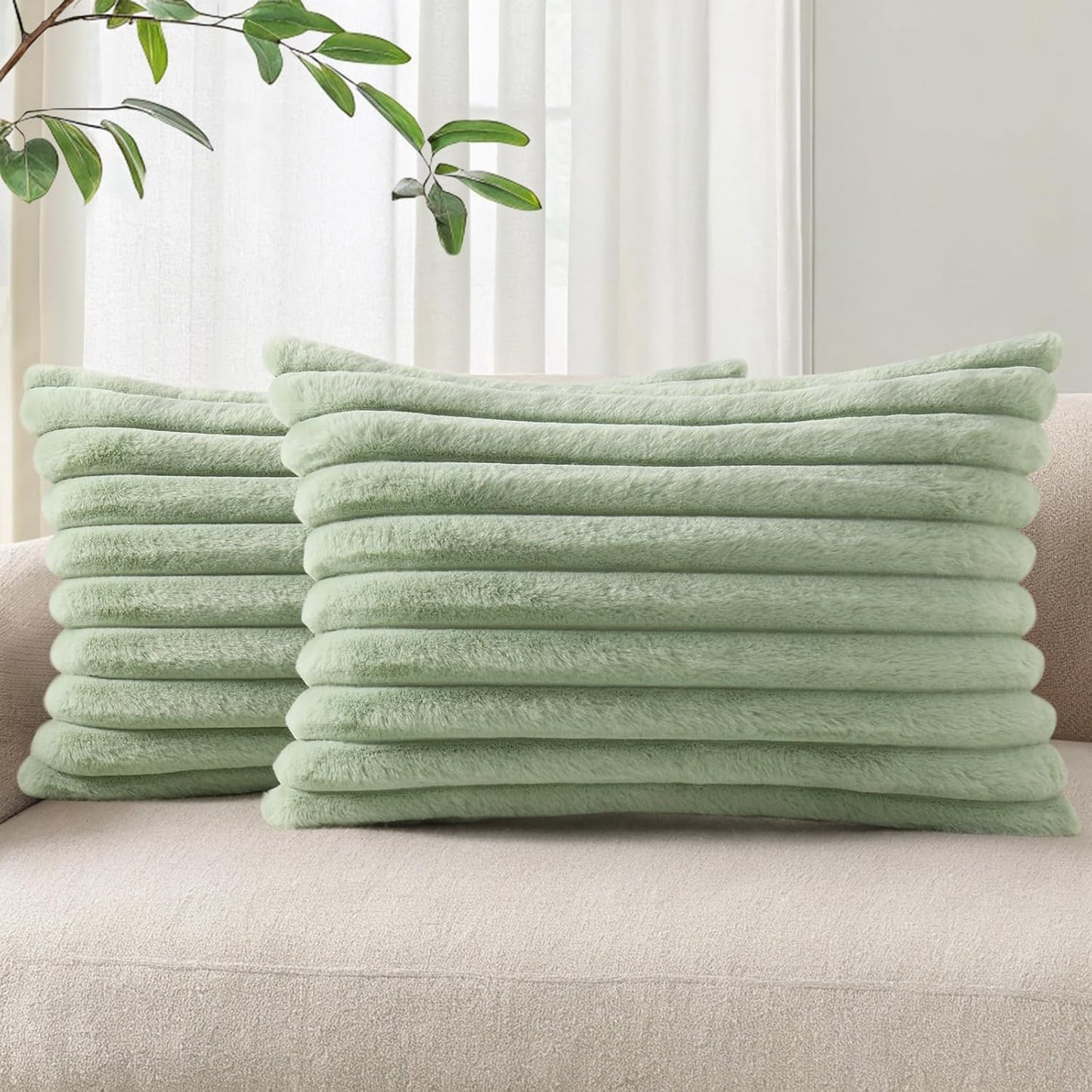 Pallene Faux Fur Plush Throw Pillow Covers 18x18 Set of 2, Luxury Soft Fluffy Striped Decorative Pillow Covers for Sofa, Couch, Living Room, Cream White