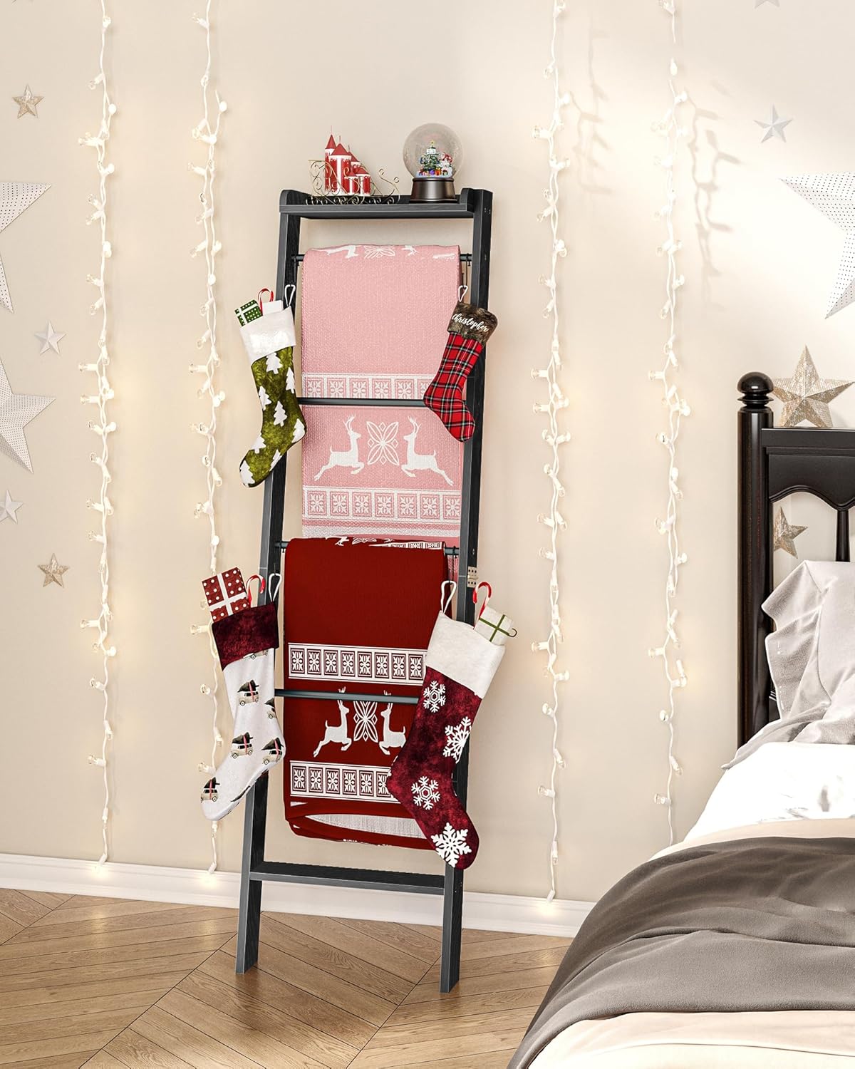 Hzuaneri Blanket Ladder Shelf, Decorative Quilt Rack, 6-Tier Farmhouse Ladder Holder Organizer with 4 Removable Hooks 7.9" D x 17.3" W x 63.4" H, Rustic Brown BR35801B