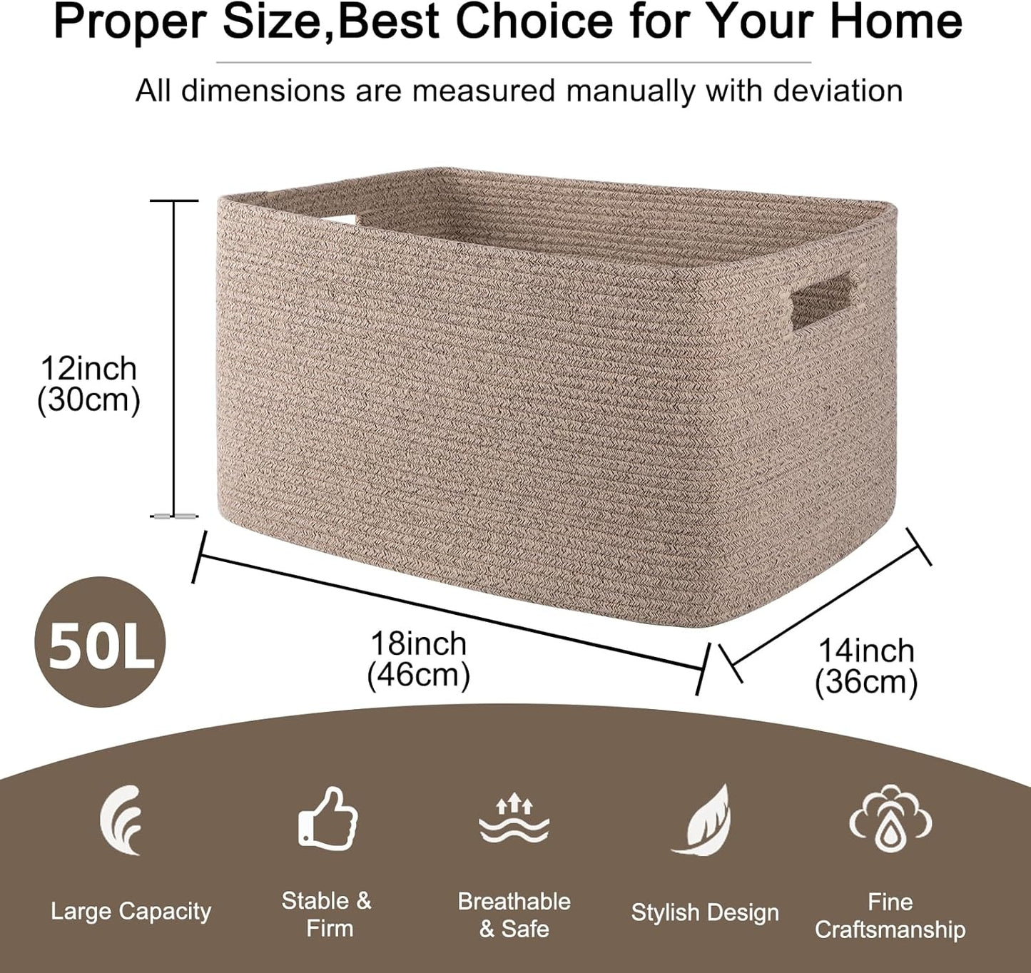 OIAHOMY 75L Large Woven Cotton Rope Storage Basket with Handle for Organizing Blanket and Toys for Living Room, Nursery, Brown Variegated 22”x17”x12”