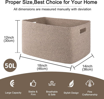 OIAHOMY 75L Large Woven Cotton Rope Storage Basket with Handle for Organizing Blanket and Toys for Living Room, Nursery, Brown Variegated 22”x17”x12”