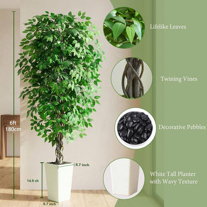 Artificial Ficus Tree 6FT Faux Plants Indoor Tall Fake Plants with White Planter, Green Lifelike Lush Fake Ficus Tree for Home Living Room Bedroom Outdoor Balcony House Office Decor