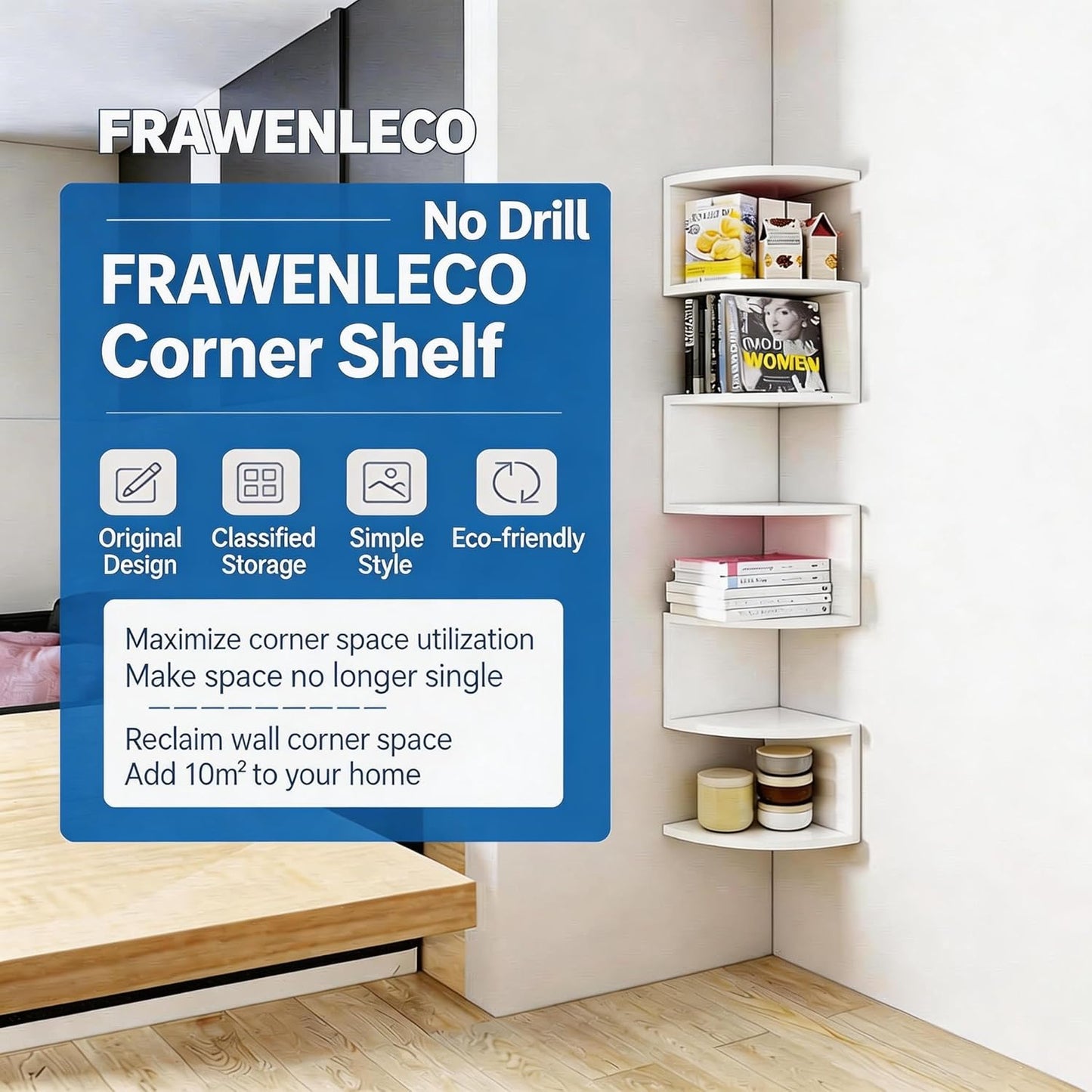 No-Drill Corner Shelf Wall Mount, 5-Tier Floating Corner Bookshelf with Hooks, Space-Saving Zigzag Plant Shelf for Bedroom, Living Room, Bathroom, Home Office
