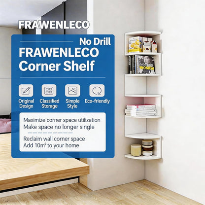 No-Drill Corner Shelf Wall Mount, 5-Tier Floating Corner Bookshelf with Hooks, Space-Saving Zigzag Plant Shelf for Bedroom, Living Room, Bathroom, Home Office