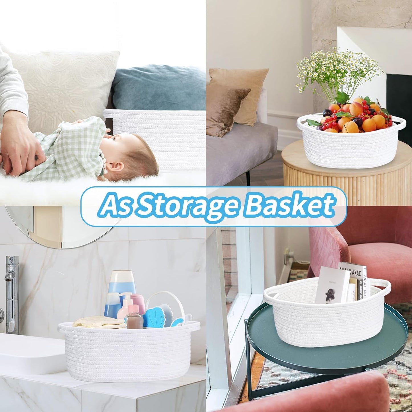 ABenkle Small Basket with Handles, Boho Decorative Rope Woven Dog Cat Toy Storage Bin Shelf Storage Organizer, Easter Christmas Gift Basket, 12"x8"x5", White