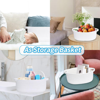 ABenkle Small Basket with Handles, Boho Decorative Rope Woven Dog Cat Toy Storage Bin Shelf Storage Organizer, Easter Christmas Gift Basket, 12"x8"x5", White