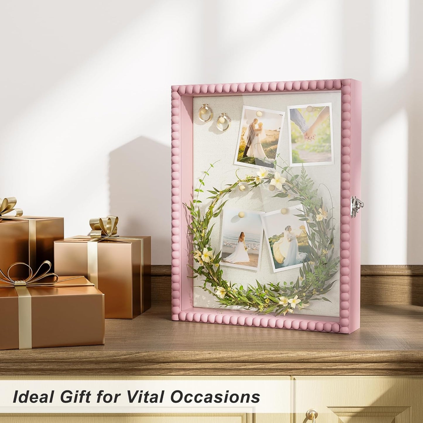 Love-KANKEI Shadow Box Frame 11x14, Deep Large Shadow Box Display Case with Unique Beads Door and Glass Window, Wood Memory Box for Pictures,Medals,Memorabilia,Collections White