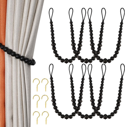 Wood Bead Curtain Tiebacks, KLOGTSIND Set of 2 Curtain Holdbacks for Thin or Thick Window Draperies, Boho Farmhouse Curtain Tiebacks with Hooks, Curtain Tie Backs for Home Office Room Decor