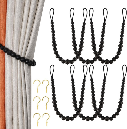 Wood Bead Curtain Tiebacks, KLOGTSIND Set of 2 Curtain Holdbacks for Thin or Thick Window Draperies, Boho Farmhouse Curtain Tiebacks with Hooks, Curtain Tie Backs for Home Office Room Decor