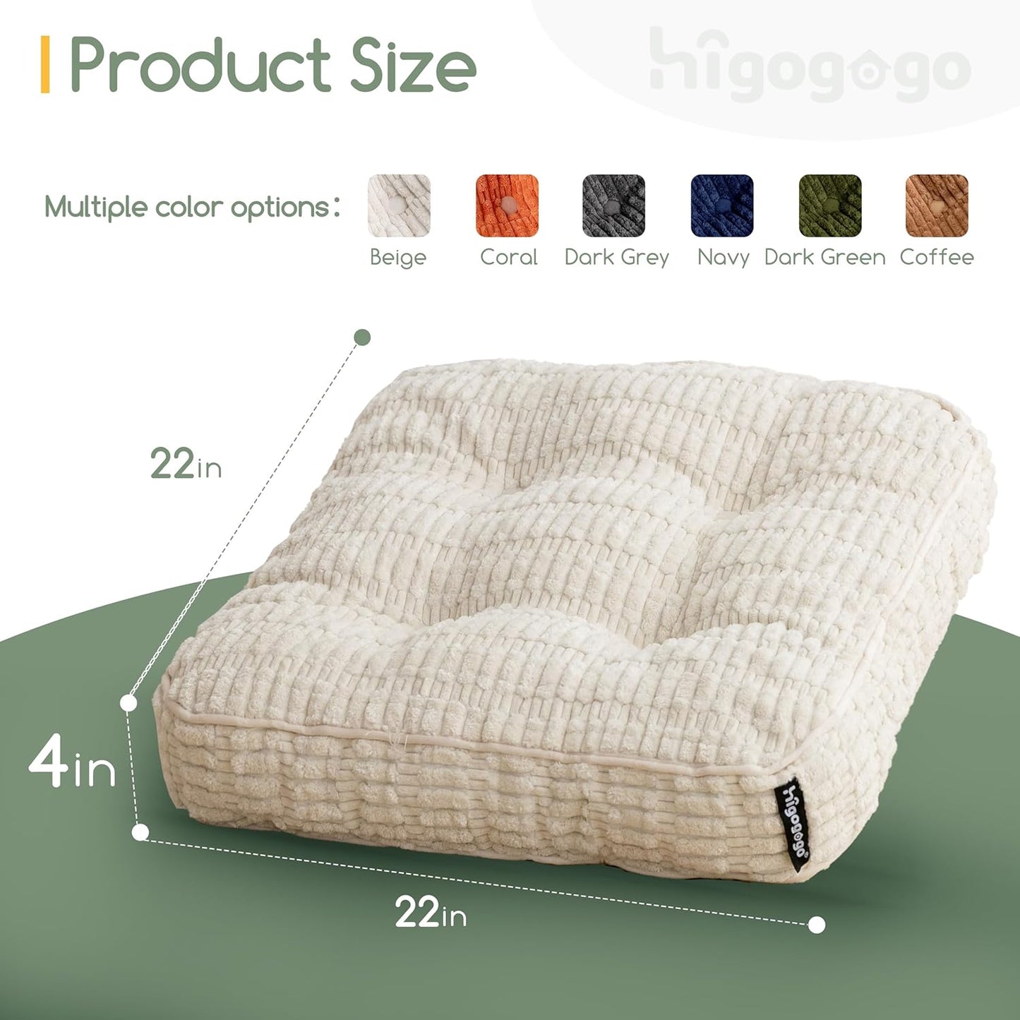 HIGOGOGO Floor Pillow Cushion for Adults, Meditation Cushion Pillow, Blended Corduroy Cover, Large Square Floor Sitting for Tatami Living Room or Yoga, 22x22 Inch, Beige