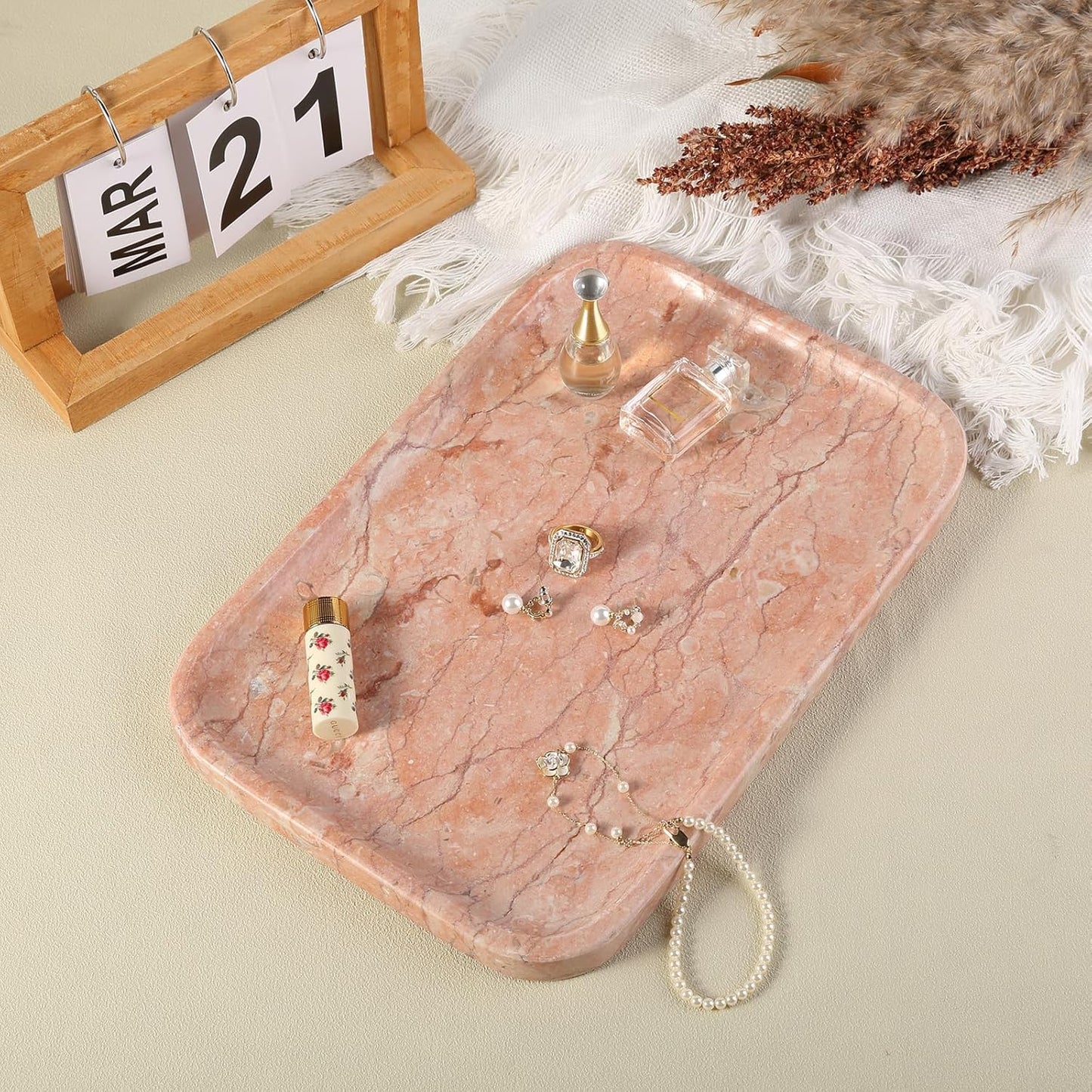 Marble Vanity Tray for Dresser Organizer, Travertine Bathroom Tray Countertop, Beige Decorative Serving Trays, Kitchen Sink Storage, Jewelry & Perfume Holder(Travertino Romano)