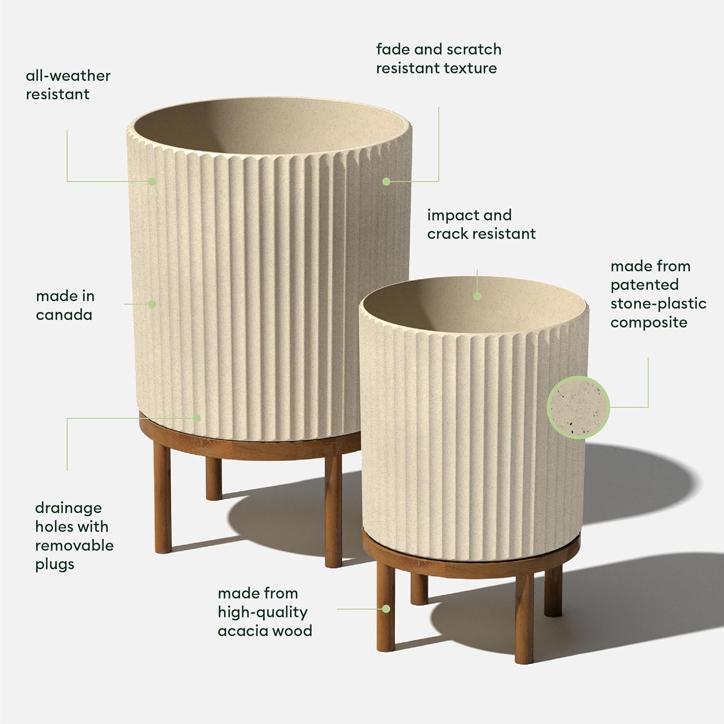 Veradek Demi Series Round Planter w/ Stand for Porch/Patio | Durable Plastic-Concrete & Wooden Stand | Modern Décor for Tall Plants, Flowers