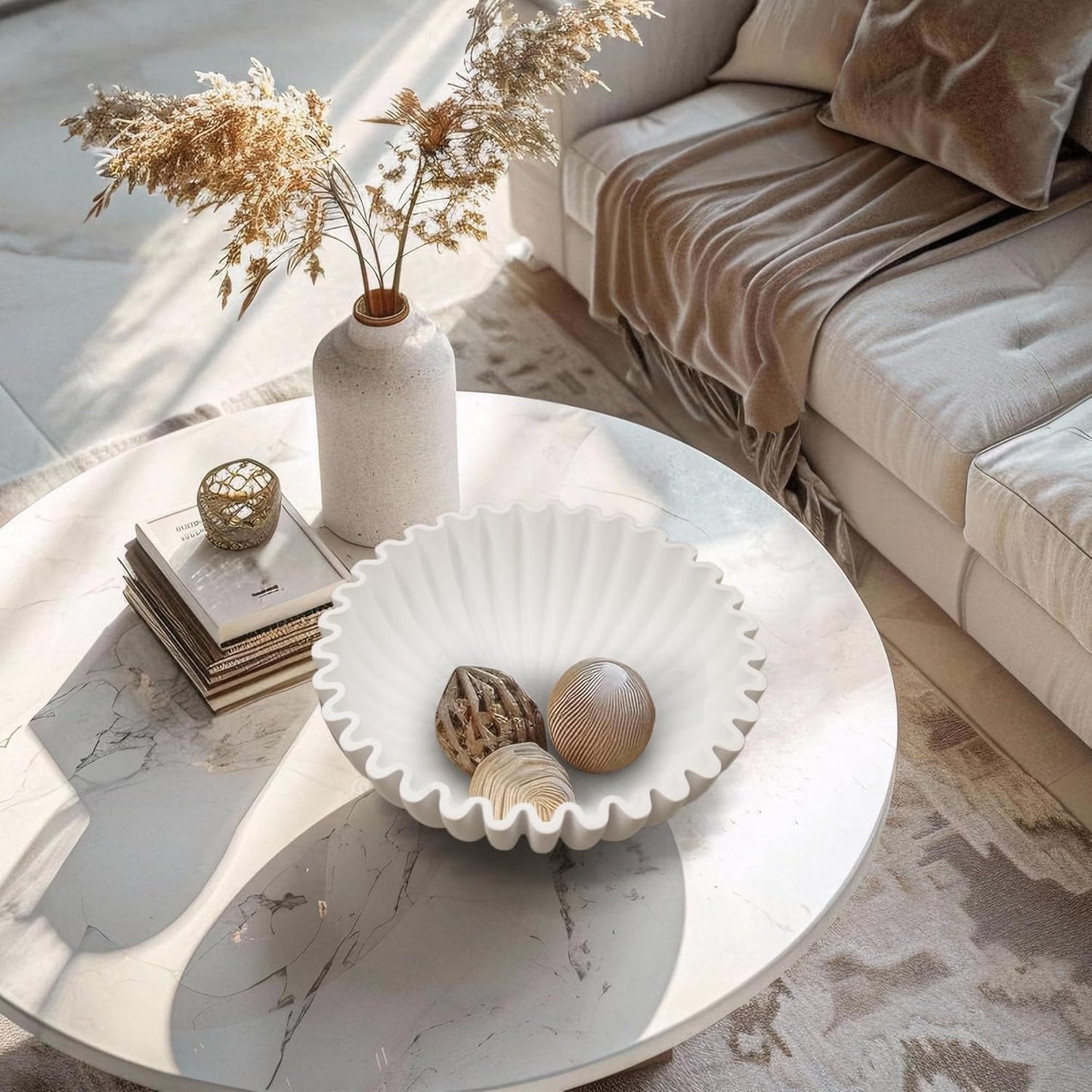 YMXYJM Large Decorative Bowl, Modern Handicraft Bowls for Home Decor, Fruit Bowl for Kitchen Counter, Ruffle Decor, Stylish Key Bowl for Entry Table, Artificial Stone Beige