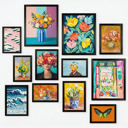 97 Decor Eclectic FRAMED Wall Art Set - Colorful Eclectic Decor, Retro Colorful Wall Art Prints, Trendy Maximalist Decoration Aesthetic Pictures Gallery Wall Prints, Famous Artist Posters For Bedroom (BEIGE FRAME)