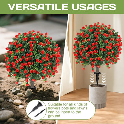 Artificial Red Eucalyptus Topiary Ball Tree 24" with Ground Spike, Set of 2 Artificial Boxwood Bushes for Faux Shrubs, Fake Evergreen Faux Plant for Indoor Outdoor Garden -UV Resistant–Fade-Proof