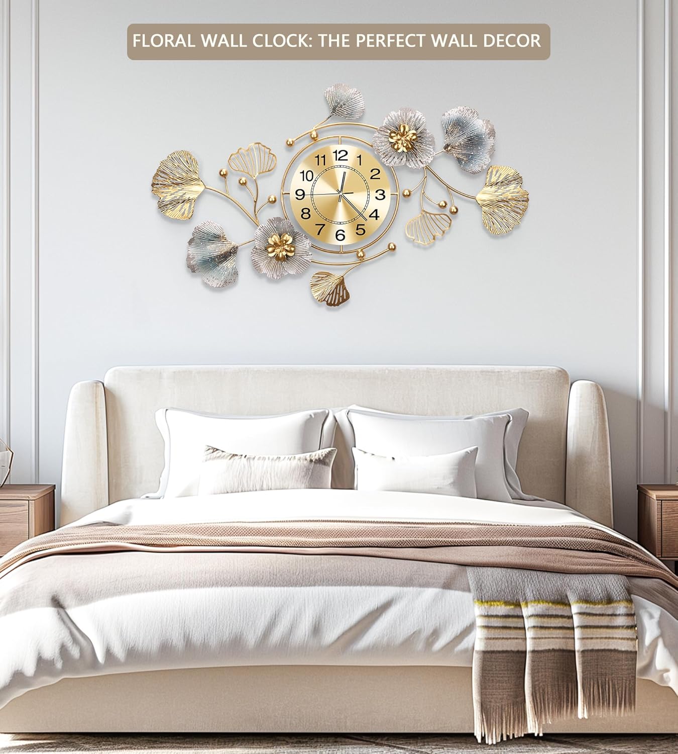 Clocks for Living Room, Large Wall Clock, 3D Silent Wall Clock, Retro Metal Ginkgo Leaf Design, for Bedroom Kitchen Decorative Wall Clocks（32''x18'' ）