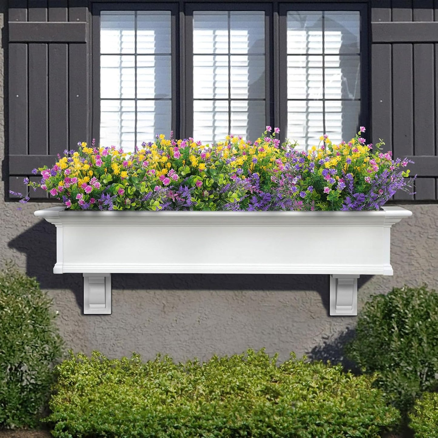 Hananona 12 Pcs Artificial Flowers Outdoor, Faux Artificial Plants UV Resistant Plastic Flower Bulk for Hanging Planter Porch Window Home Wedding Fall Summer Decor (12, Fuchsia, Purple, Yellow, Green)