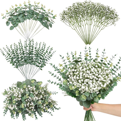 Serwalin 100 Pcs Mixed Artificial Eucalyptus Stems,Babys Breath Artificial Flowers Bulk with Faux Eucalyptus Leaves Greenery Stems for Wedding DIY Bouquets Floral Arrangement Home Decor