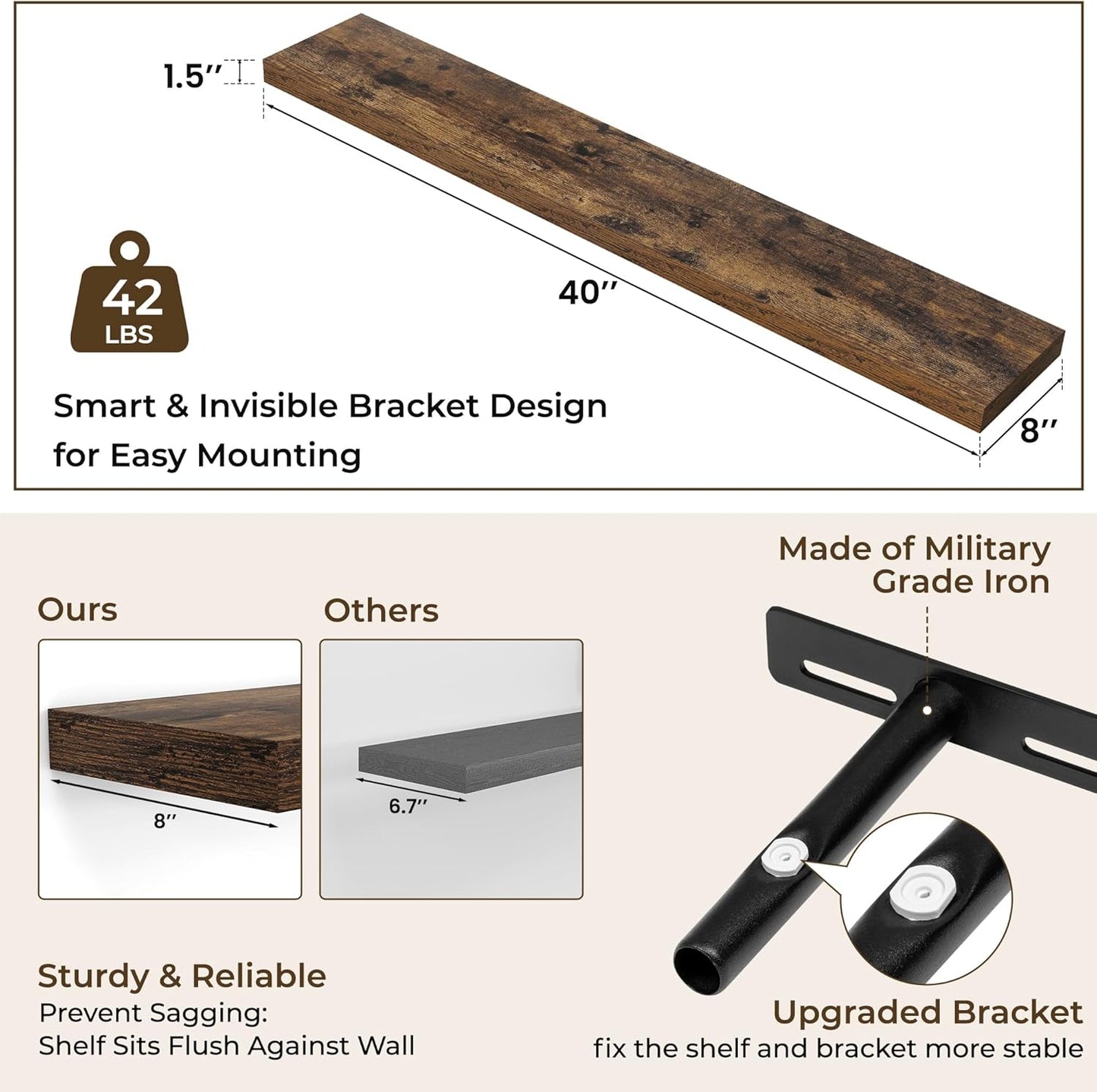 RICHFOCUS 72Inch Floating Shelves for Wall 2 Pack Shelves for Bedroom|Kitchen|Bathroom Wall Mounted Rustic Wood Floating Shelf with Invisible Brackets for Books|Storage|Decor, Rustic Brown