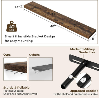 RICHFOCUS 72Inch Floating Shelves for Wall 2 Pack Shelves for Bedroom|Kitchen|Bathroom Wall Mounted Rustic Wood Floating Shelf with Invisible Brackets for Books|Storage|Decor, Rustic Brown