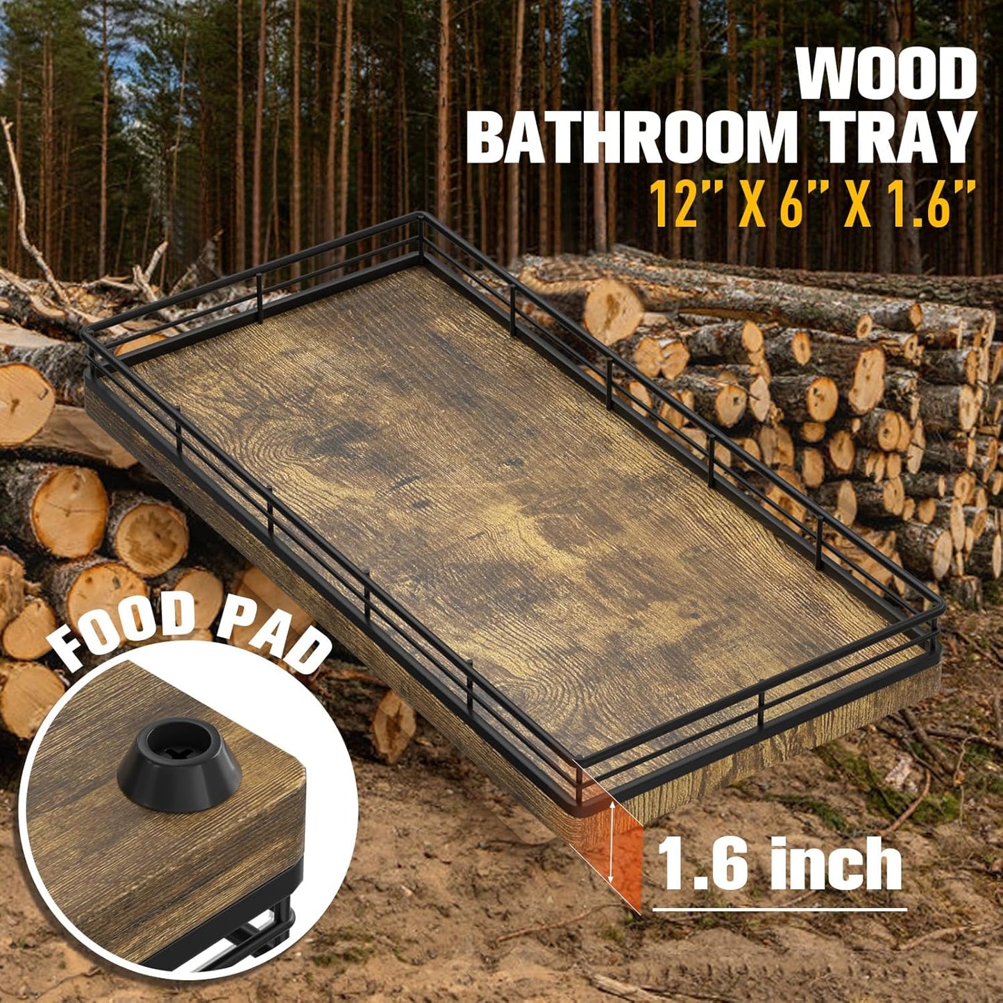Bathroom Vanity Tray for Countertop, 12" x 6" Acacia Wood Toilet Tank Tray with Metal Guardrail, Bathroom Organizer for Soap, Perfume & Skincare, Non-Slip Decorative Tray for Dresser, Black & Acacia