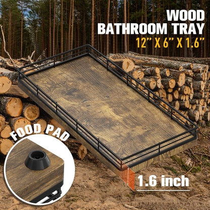Bathroom Vanity Tray for Countertop, 12" x 6" Acacia Wood Toilet Tank Tray with Metal Guardrail, Bathroom Organizer for Soap, Perfume & Skincare, Non-Slip Decorative Tray for Dresser, Black & Acacia