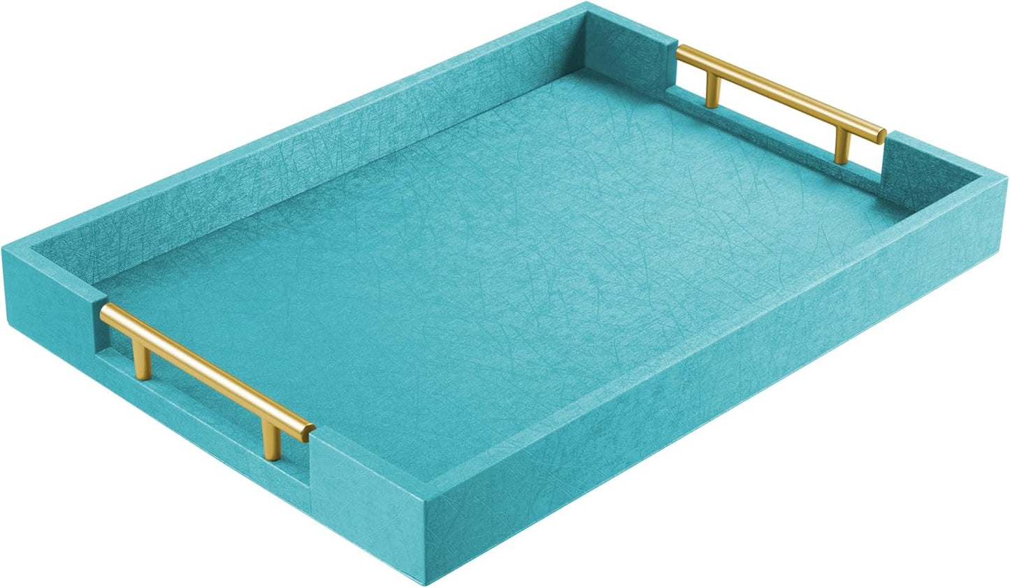 ATZYmolin 17" x 12" Wood Serving Tray with Gold Polished Metal Handles, Home Decorative Wooden Rectangle Ottoman Leather Decor Platter Bathroom Vanity Tray for All Occasions White