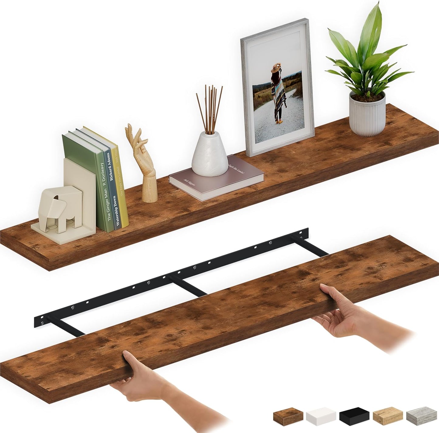 Ballucci Floating Shelves for Wall, 48" Wood Wall Shelf Set of 2, with Invisible Brackets for Bathroom, Living Room, Bedroom, Kitchen, Nursery, 8" Deep, Black