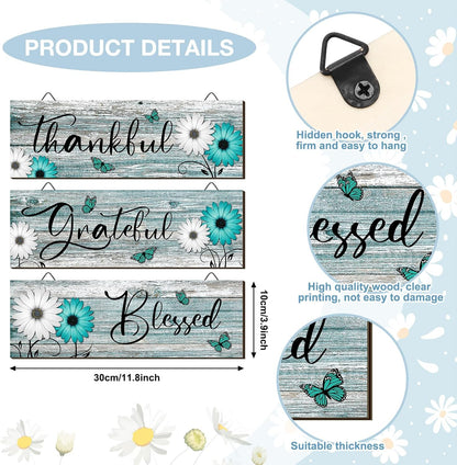 Geetery 3 Pcs Thankful Grateful Blessed Wooden Signs Rustic Daisy Wood Wall Decor Inspirational Wall Art Signs Rustic Wooden Hanging Decorations for Bedroom Kitchen Living Room Bathroom Home (Blue)