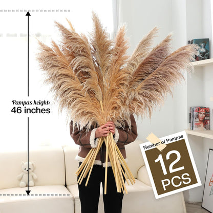Pasuvsigt 12pcs 40'' Dried Pampas Grass Decor - Tall-Large Pampas Grass - Natural Beige - Boho Home Decor