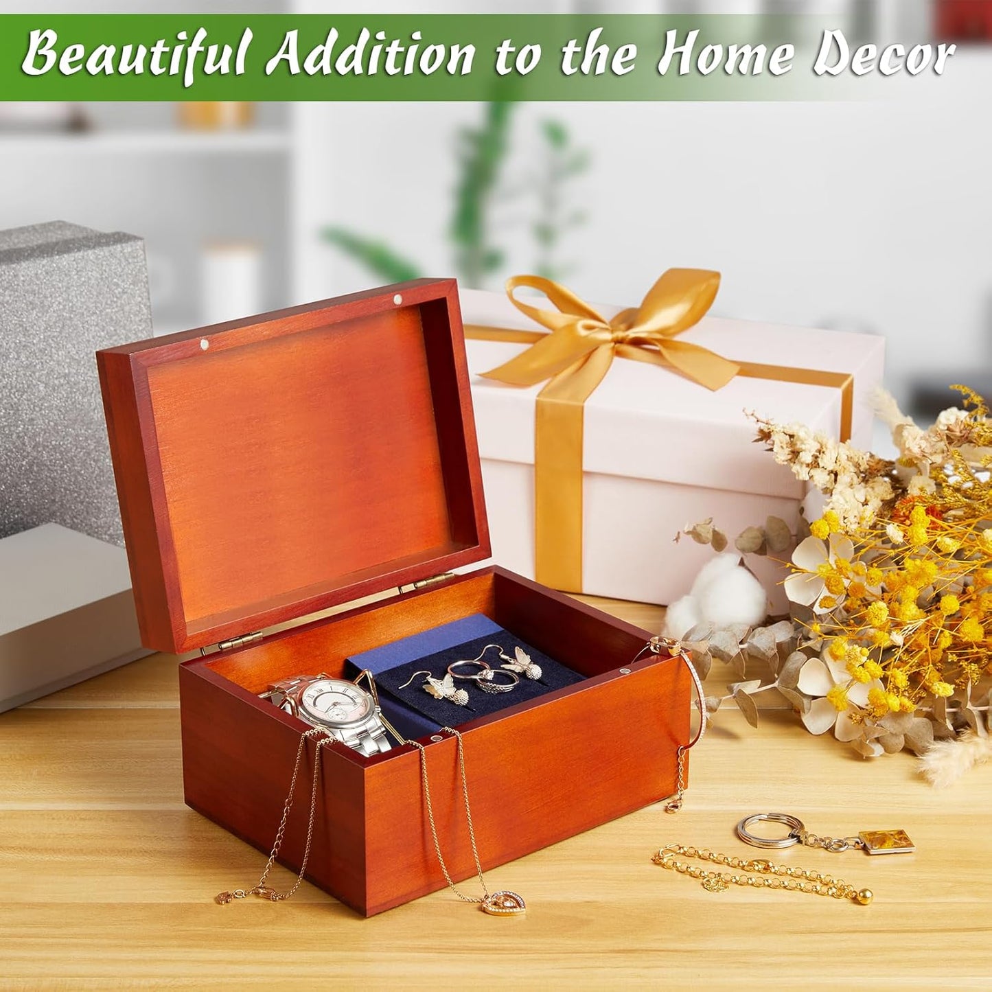 DRASTAR Wooden Keepsake Box, Large Acacia Storage Memory Box with a Hinged Lid for Crafts and Photo Storage