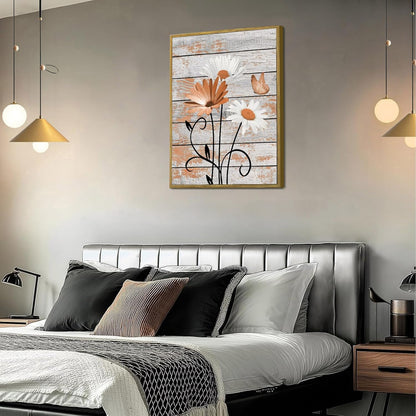HVEST Farmhouse Floral Wall Art for Living Room, Blue and White Daisy Flower and Butterfly on Rustic Wood Board Canvas Wall Art Framed Artwork Ready to Hang for Bathroom Bedroom Decor, 16L X 12W