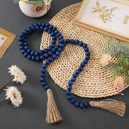 Geetery 2 Pcs 58'' Bead Garland with Tassels, Rustic Country Decor, Boho Wall Hanging for Farmhouse Style, Versatile Prayer Beads for Home, Table, or Wall Decoration (Black)