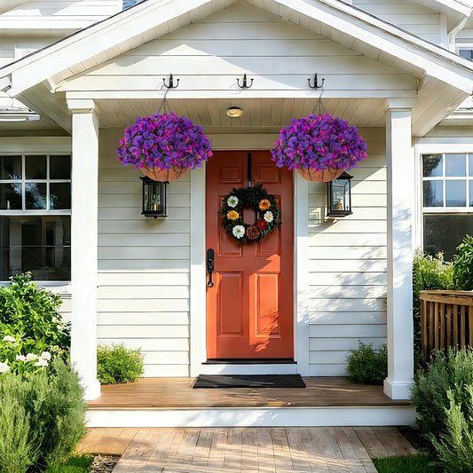 Artificial Hanging Flowers Faux Plants Basket for Outdoors Spring Summer Decor, Fake Silk Bougainvillea in Planter Outdoor Look Real UV Resistant Faux Flower for Outside Porch Patio Garden Home, White