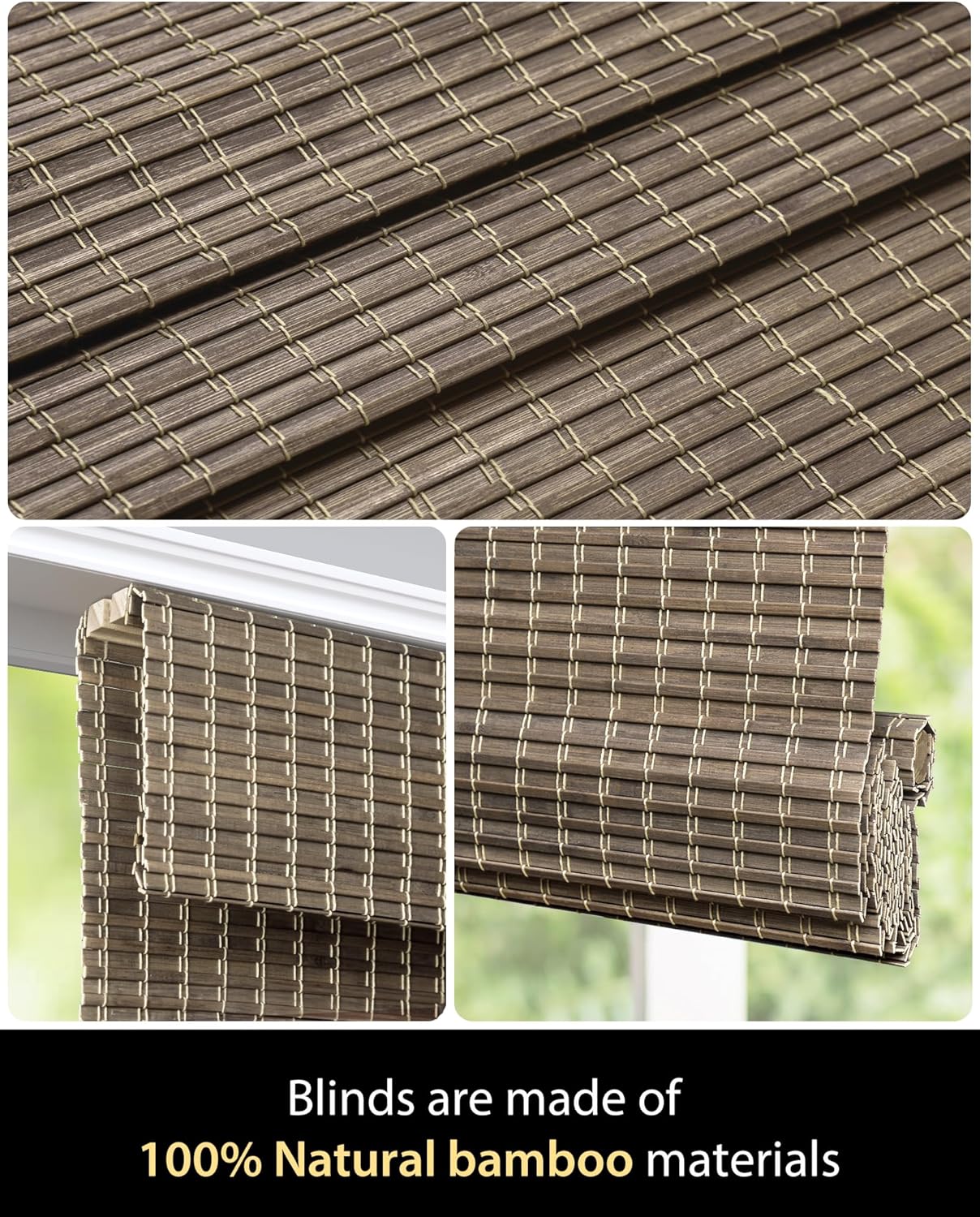 UNISHADES Cordless Bamboo Roman Shades for Windows, Blinds Size (26.5" W ×48" H) Colour (Highfield Teak)