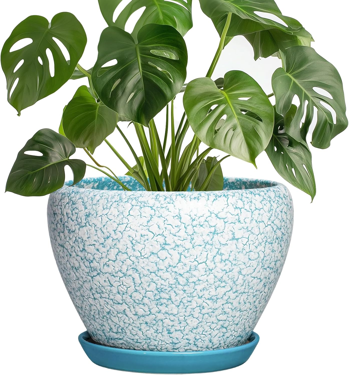 6 Inch Plant Pot - Ceramic Pots for Plants with Drainage Hole and Saucer, Round Succulent Planter Indoor Outdoor, Modern Flower Pot for Snake Plants, Home Decor, Gifts for Plant Lover, Blue