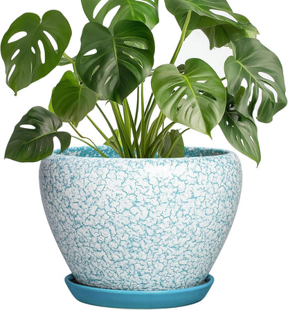 6 Inch Plant Pot - Ceramic Pots for Plants with Drainage Hole and Saucer, Round Succulent Planter Indoor Outdoor, Modern Flower Pot for Snake Plants, Home Decor, Gifts for Plant Lover, Blue
