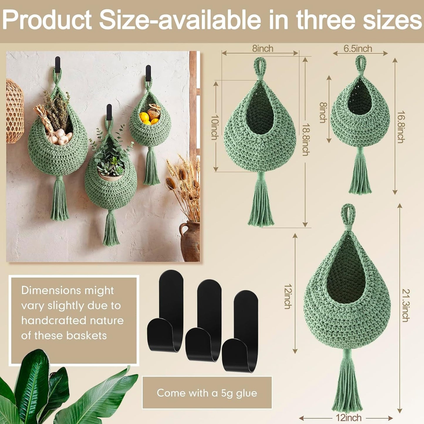 Honeydak Boho Decor Hanging Wall Baskets for Kitchen 3 Pack Teardrop Baskets with Hooks Storage Fruit Onion Vegetable Potato for Home 3 Sizes(Linen,Teardrop,Jute)