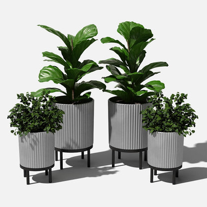 Veradek Demi Series Round Planter w/ Stand for Porch/Patio | Durable Plastic-Concrete & Wooden Stand | Modern Décor for Tall Plants, Flowers