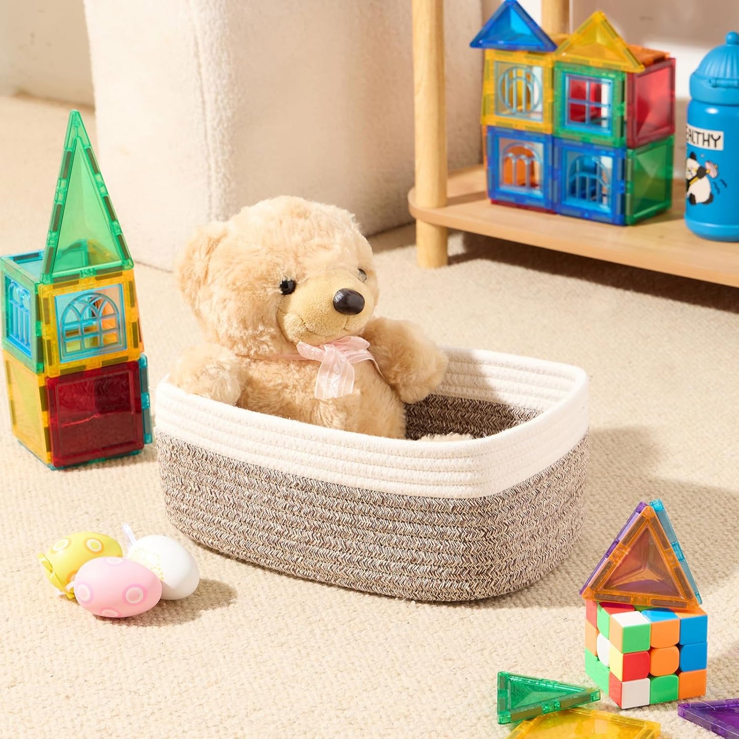MiniArk Small Storage Baskets for Organizing | Closet Organizer Bins | Shelf Toy Basket | Woven Rope Baskets | Cube Decorative Box | Shallow Basket | L11.5xW7.5xH4.7| Brown