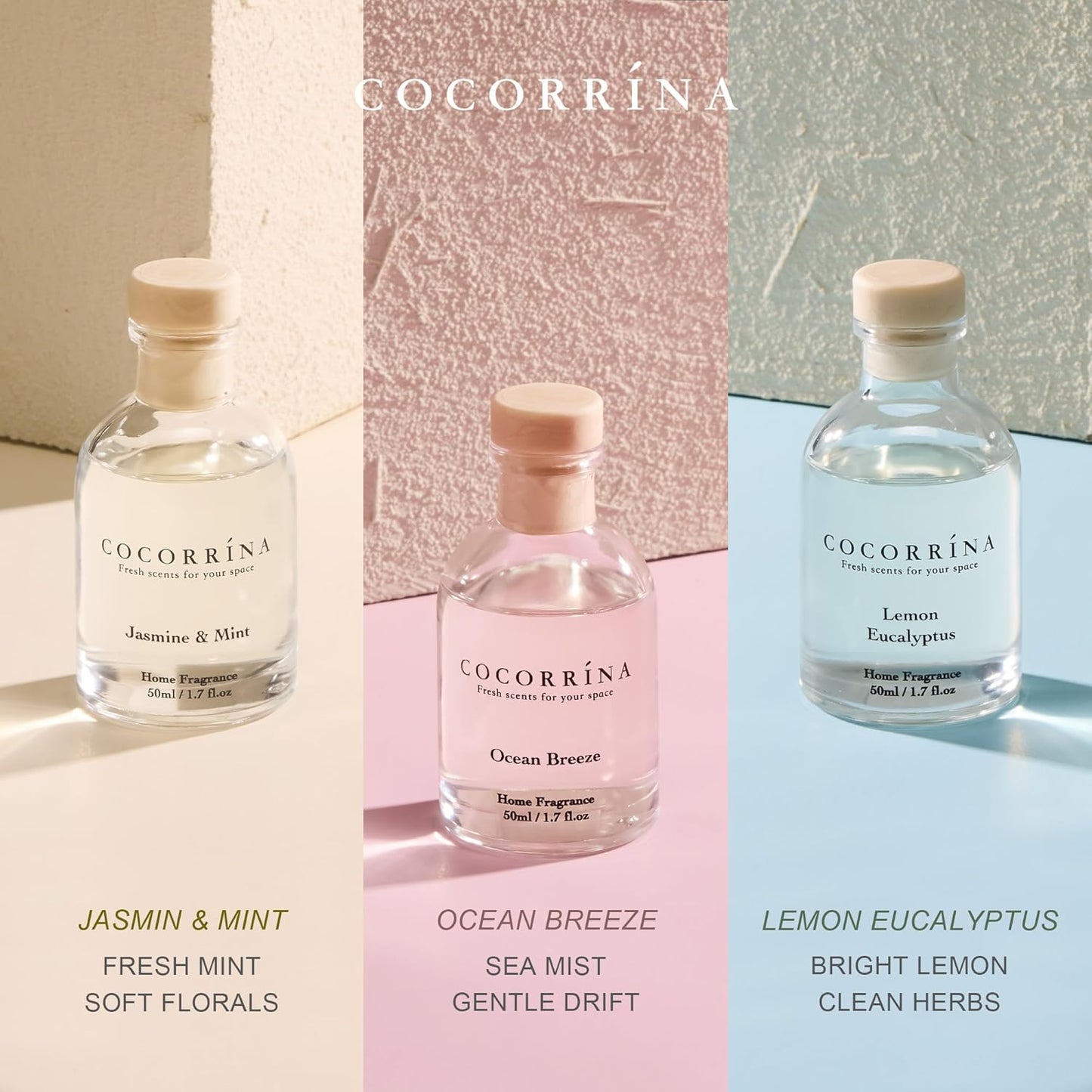 COCORRÍNA Eucalyptus Reed Diffuser Set of 3 - Lavender Eucalyptus, Black Forest, Clean Cotton Scents, 1.7 fl oz Each, Total 5.1 oz, Scented Oil Diffusers for Home & Office﻿