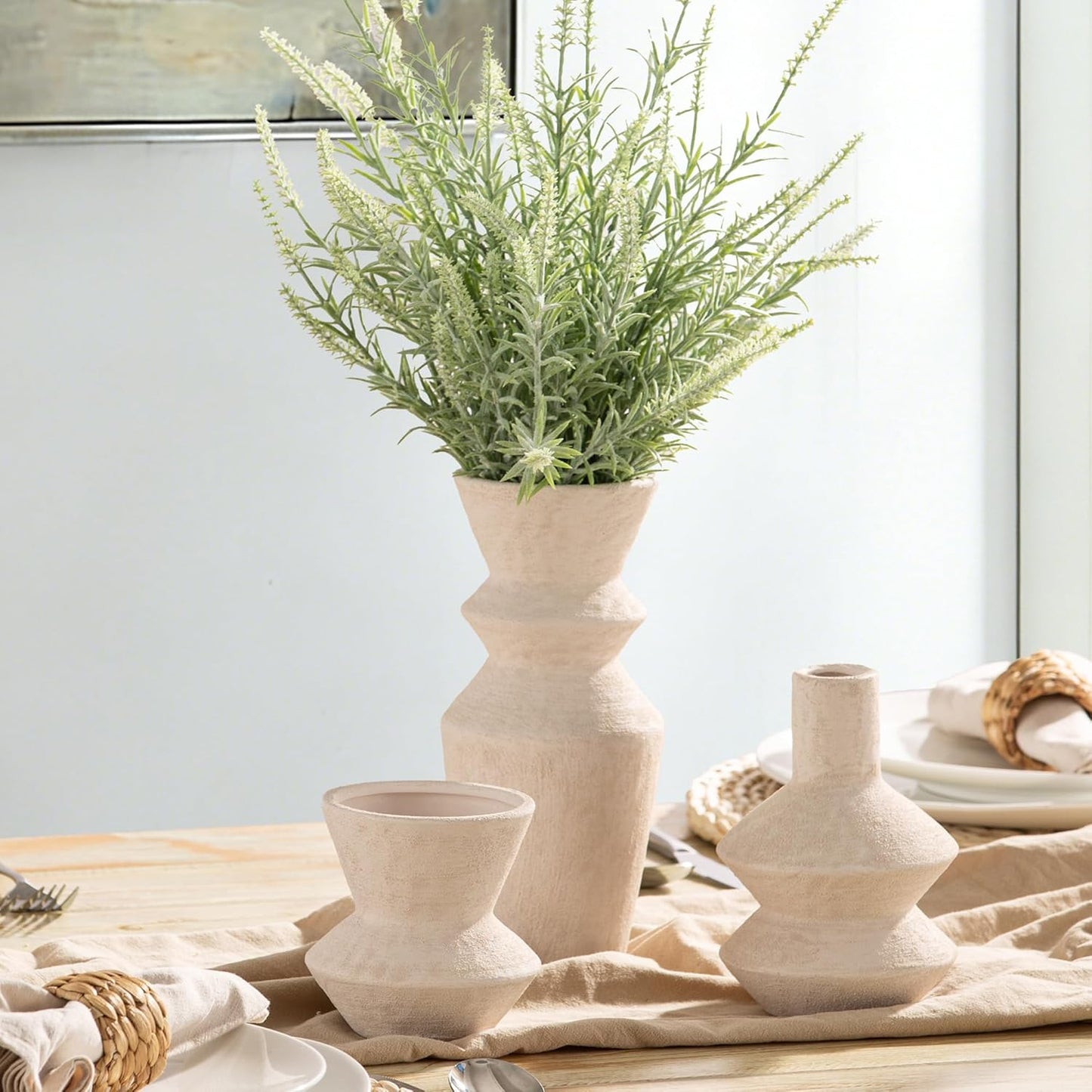 Ceramic Vase Home Table Decor - Flower Vase Set of 3 Living Room Kitchen Decorations Farmhouse Modern Rustic Vases Decorative Centerpiece for Shelf Bedroom Office Bathroom Dining Coffee Desk