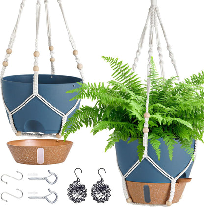 10 Inch Hanging Planters for Indoor Plants, 2 Pack Self Watering Hanging Baskets Flower Pots with Drainage Hole, Visual Reservoir & 2 Kinds of Plant Hanger for Outdoor Garden Home Decor (White)