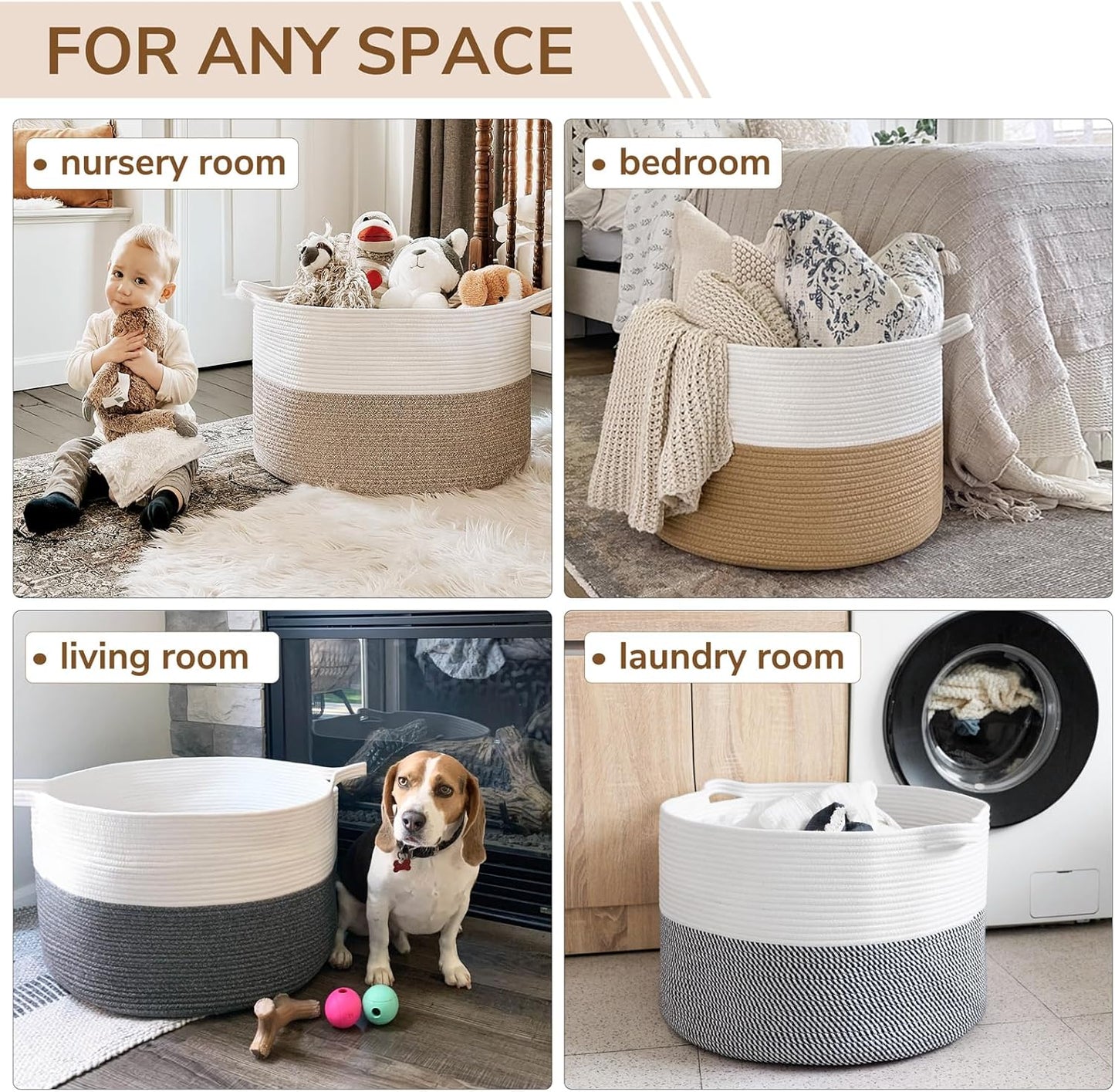 INDRESSME XXXLarge Blanket Basket for Living Room 21.7" x 21.7" x 13.8"-Storage Basket with Handle for Organizing Toy Pillows Woven Cotton Rope Laundry Basket Stuffed Animal Toy Storage for Play Room
